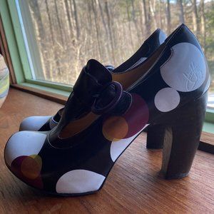 John Fluevog Arbus Polka Dot Heeled Leather T Strap Maryjanes - Size 8 1/2 USA